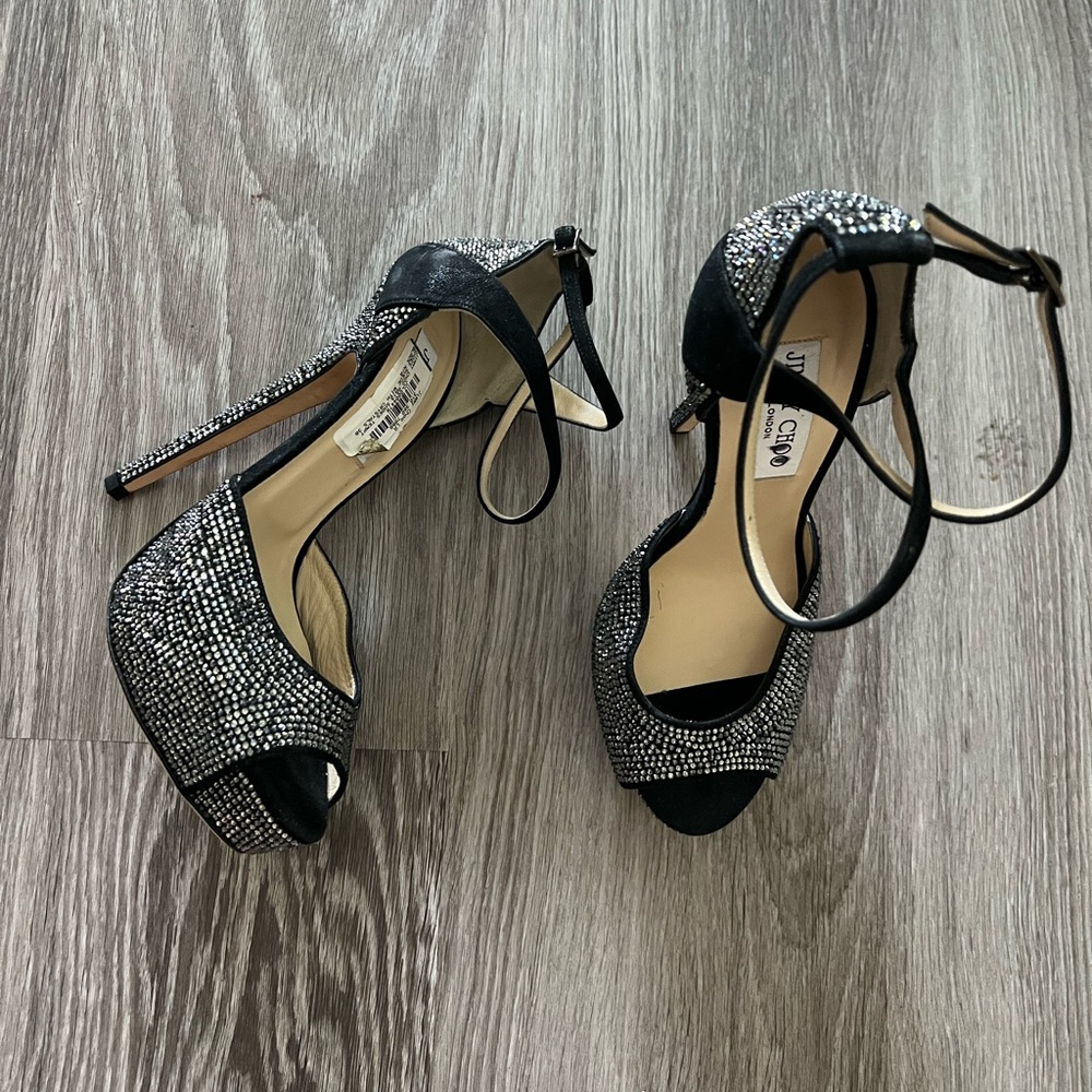 NEW JIMMY CHOO Black Swarvoski Crystal Suede Heeled Sandal